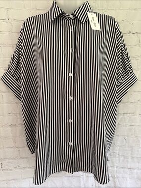 Sewn + Seen Black & White Striped Oversized Button-Up Blouse NWT